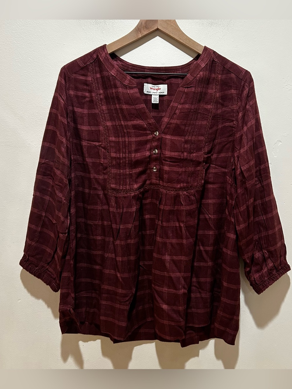 NWT Wrangler Babydoll Style Burgundy Brown Plaid Blouse Shirt - Women’s Medium